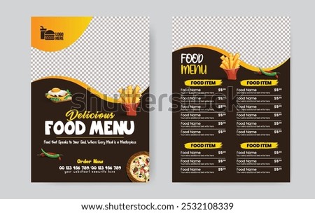 Double sided a4 size Food menu template, Fast food menu board, Burger menu, Restaurant price card, editable Double sided Restaurant menu template design