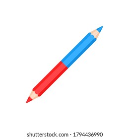 Double sided bicolor red and blue pencil. Flat icon isolated on white background. Education, writing, school, office supplies collection. Vector illustration 