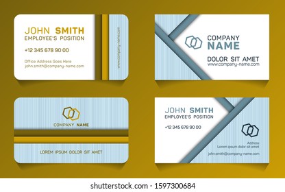 Double sided blue gold business card minimal idea vector templates set. Simple business card graphic design with logo, employee's name, position, mobile number, web address, company mane, e-mail.