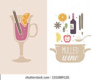 Double sided card. Ripe Mulled wine Ingredients and glass on a gray shabby background. Cozy season Hot drink. Can be used for Christmas, New Year recipe or decoration. Vector hand drawn illustration