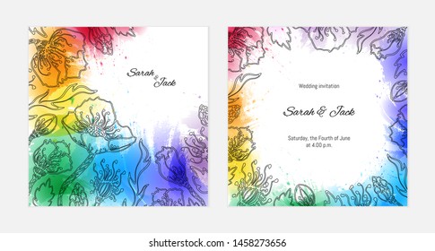 Double sided card for wedding invitation and greetings. Watercolor floral pattern template