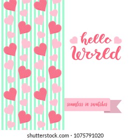 Double sided cute greeting card for newborn baby girl shower party with fabric and pennant seamless pattern in swatches on back side and lettering hello world, pink text and hearts on front side.