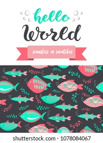 Double sided cute greeting card for newborn baby girl shower party with fabric and pennant seamless pattern in swatches on back side and lettering hello world, text and fun fishes on front side.