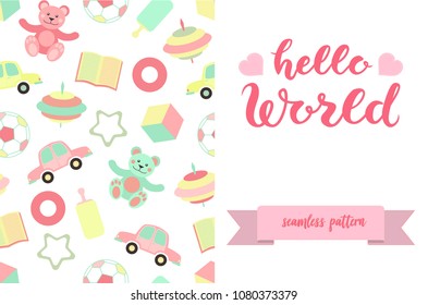Double sided cute greeting card template for newborn baby girl shower party with fabric and pennant print seamless pattern on back side and lettering hello world, pink text and hearts on front side.
