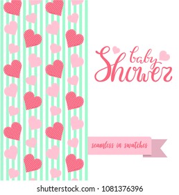 Double sided cute greeting card for newborn baby girl shower party with fabric and pennant seamless pattern in swatches on back side and lettering Baby Shower, pink text and hearts on front side.