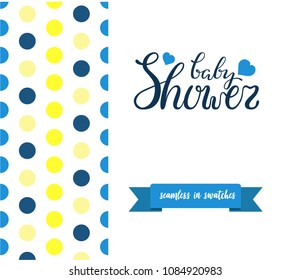 Double sided cute greeting card for newborn baby boy shower party with fabric and pennant seamless pattern in swatches on back side and lettering baby shower, pink text and dots on front side.