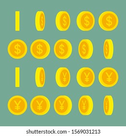 Double sided Dollar Yen coin rotating. Vector sprite sheet isolated on plain background. Can be used for GIF animation 