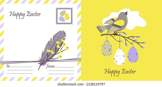 A double - sided Easter card with eggs and a chirping bird on a willow branch . Vector clipart.