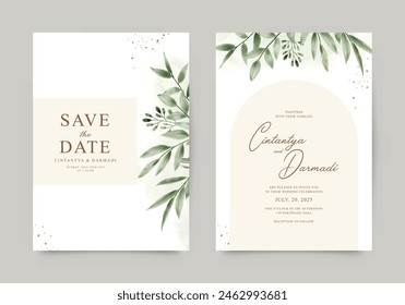 Plantilla de invitación de boda elegante de doble cara con hojas verdes