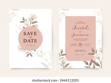 Plantilla de invitación de boda elegante de doble cara con acuarela floral