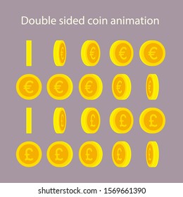 Double sided Euro Pound coin rotating. Vector sprite sheet isolated on plain background. Can be used for GIF animation 