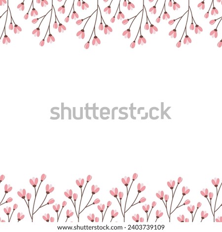 Double sided frame with top and bottom border of blossom branches. Copy space. Concept for greetings