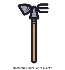 Double sided gardening tool hoe and rake or shovel and fork equipment colorful icon illustration isolated on square white background. Simple flat cartoon art styled object drawing.