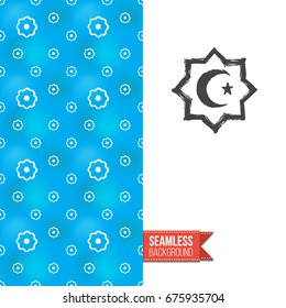 Double sided greeting card with blue seamless arabic ornament background on left and inky-black hand drawn illustration of crescent in octagon star on right. Design for muslim festive. Vector template
