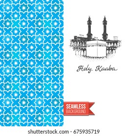 Double sided greeting card with blue seamless arabic ornament background on left and inky-black hand drawn illustration of holy kaaba on right. Design for muslim festive. Vector template