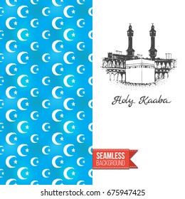 Double sided greeting card with blue seamless arabic ornament background on left and inky-black hand drawn illustration of holy kaaba on right. Design for muslim festive. Vector template