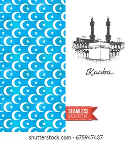 Double sided greeting card with blue seamless arabic ornament background on left and inky-black hand drawn illustration of holy kaaba on right. Design for muslim festive. Vector template