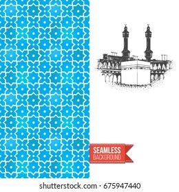 Double sided greeting card with blue seamless arabic ornament background on left and inky-black hand drawn illustration of holy kaaba on right. Design for muslim festive. Vector template