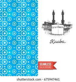 Double sided greeting card with blue seamless arabic ornament background on left and inky-black hand drawn illustration of holy kaaba on right. Design for muslim festive. Vector template