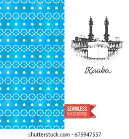 Double sided greeting card with blue seamless arabic ornament background on left and inky-black hand drawn illustration of holy kaaba on right. Design for muslim festive. Vector template
