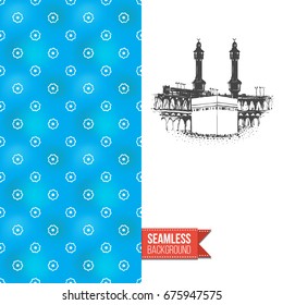 Double sided greeting card with blue seamless arabic ornament background on left and inky-black hand drawn illustration of holy kaaba on right. Design for muslim festive. Vector template
