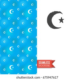 Double sided greeting card with blue seamless arabic ornament background on left and inky-black hand drawn illustration of crescent with star on right. Design for muslim festive. Vector template