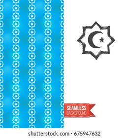 Double sided greeting card with blue seamless arabic ornament background on left and inky-black hand drawn illustration of crescent in octagon star on right. Design for muslim festive. Vector template