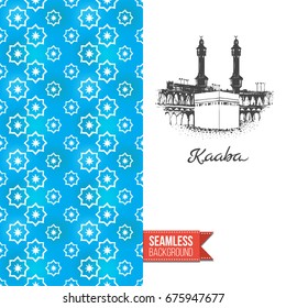 Double sided greeting card with blue seamless arabic ornament background on left and inky-black hand drawn illustration of holy kaaba on right. Design for muslim festive. Vector template