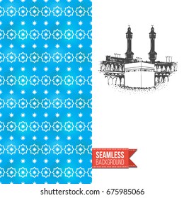 Double sided greeting card with blue seamless arabic ornament background on left and inky-black hand drawn illustration of holy kaaba on right. Design for muslim festive. Vector template
