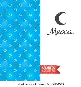 Double sided greeting card with blue seamless arabic ornament background on left and inky-black hand drawn illustration of crescent sign and mecca on right. Design for muslim festive. Vector template