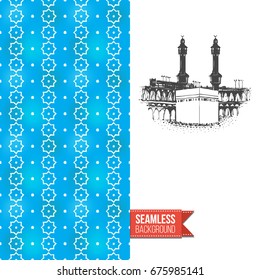 Double sided greeting card with blue seamless arabic ornament background on left and inky-black hand drawn illustration of holy kaaba on right. Design for muslim festive. Vector template