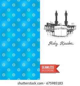 Double sided greeting card with blue seamless arabic ornament background on left and inky-black hand drawn illustration of holy kaaba on right. Design for muslim festive. Vector template