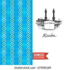 Double sided greeting card with blue seamless arabic ornament background on left and inky-black hand drawn illustration of holy kaaba on right. Design for muslim festive. Vector template