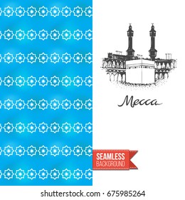Double sided greeting card with blue seamless arabic ornament background on left and inky-black hand drawn illustration of holy kaaba in mecca on right. Design for muslim festive. Vector template