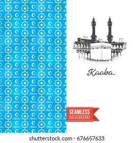 Double sided greeting card with blue seamless arabic ornament background on left and inky-black hand drawn illustration of holy kaaba on right. Design for muslim festive. Vector template