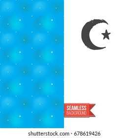 Double sided greeting card with blue seamless arabic ornament background on left and inky-black hand drawn illustration of crescent with star on right. Design for muslim festive. Vector template