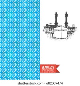 Double sided greeting card with blue seamless arabic ornament background on left and inky-black hand drawn illustration of holy kaaba on right. Design for muslim festive. Vector template