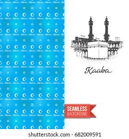 Double sided greeting card with blue seamless arabic ornament background on left and inky-black hand drawn illustration of holy kaaba on right. Design for muslim festive. Vector template