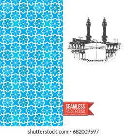 Double sided greeting card with blue seamless arabic ornament background on left and inky-black hand drawn illustration of holy kaaba on right. Design for muslim festive. Vector template