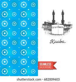 Double sided greeting card with blue seamless arabic ornament background on left and inky-black hand drawn illustration of holy kaaba on right. Design for muslim festive. Vector template