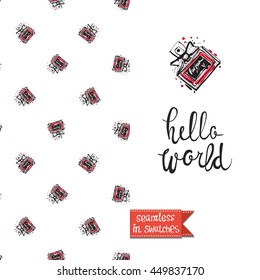 Double sided greeting card in bright fashion style. Seamless pattern with french perfume on one side and on another big accessory element with lettering: hello world.