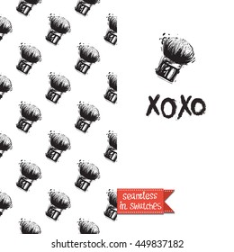 Double sided greeting card in bright fashion style. Seamless pattern with blush brush on one side and on another big accessory element with lettering: xoxo.