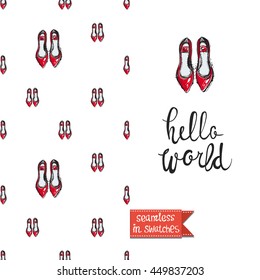 Double sided greeting card in bright fashion style. Seamless pattern with flat shoes on one side and on another big accessory element with lettering: hello world.