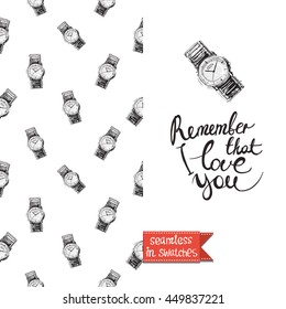 Double sided greeting card in bright fashion style. Seamless pattern with wrist watch on one side and on another big accessory element with lettering: remember that i love you.