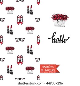 Double sided greeting card in bright fashion style. Seamless pattern with flat shoes on one side and on another big accessory element with lettering: hello.