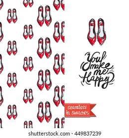 Double sided greeting card in bright fashion style. Seamless pattern with flat shoes on one side and on another big accessory element with lettering: you make me happy.