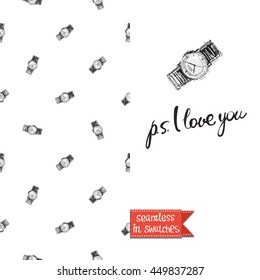 Double sided greeting card in bright fashion style. Seamless pattern with wrist watch on one side and on another big accessory element with lettering: ps i love you.