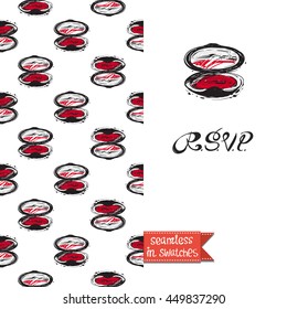 Double sided greeting card in bright fashion style. Seamless pattern with blush or blusher on one side and on another big accessory element with lettering: rsvp.