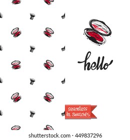 Double sided greeting card in bright fashion style. Seamless pattern with blush brush on one side and on another big accessory element with lettering: hello.