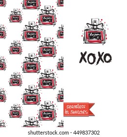 Double sided greeting card in bright fashion style. Seamless pattern with french perfume on one side and on another big accessory element with lettering: xoxo.